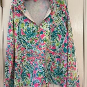 EUC Lilly Pulitzer Skipper Popover, Size LARGE, Multi Snap Back, Crocheted Lace